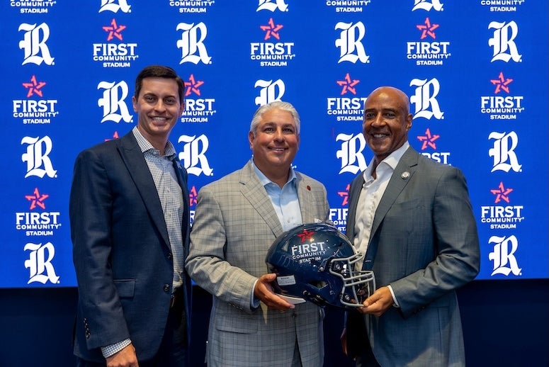 From left: Eric George, Rice interim athletic director; TJ Tijerina, president and CEO of First Community; and Rice President Reginald DesRoches. (Photos by Jared Jones)