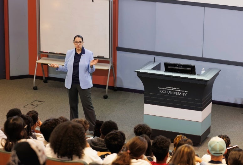Karen Lozano teaching in a lecture hall at Rice. 