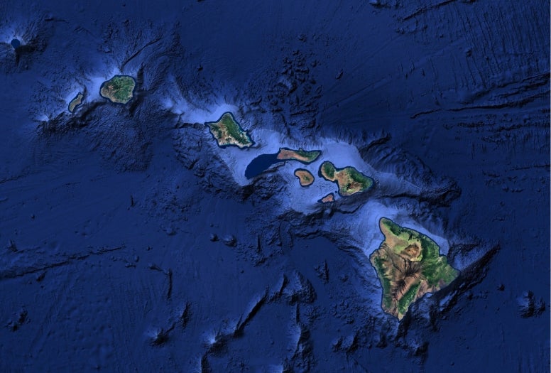 An image of the Hawaiian island with geographic features and water depth overlaid as a heat map.