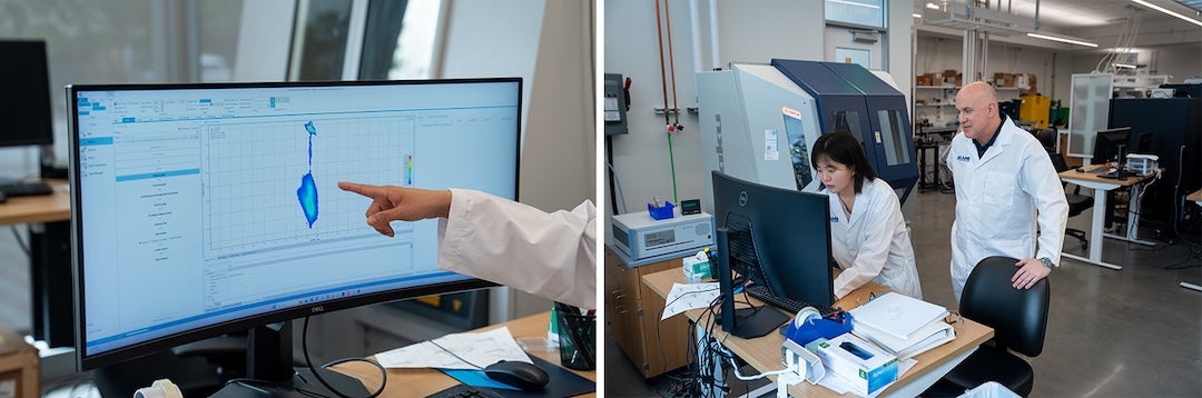 collage of two photos: on the left a screen and a finger poininting at something on the screen, on the right two researchers looking at a computer screen in a lab