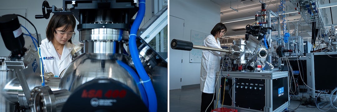 two photos of researcher in the lab beside large equipment