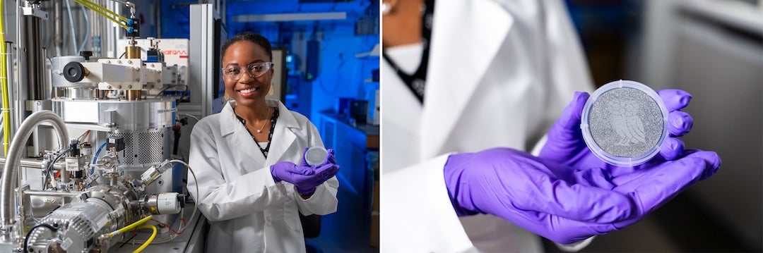 two photos: black female researcher holding sample on the left and close up of her gloved hand holding the sample on the right