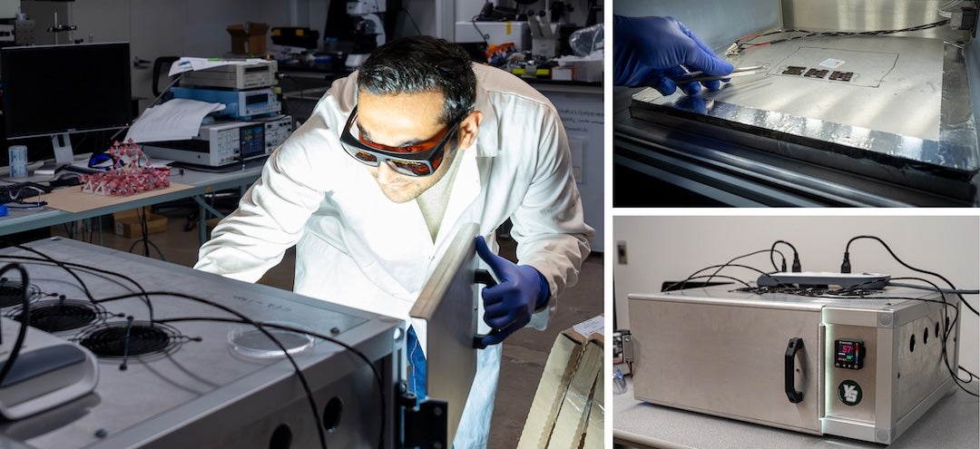 collage of three photos of a researcher in a lab and equipment