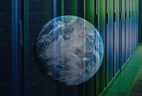 stock image of Earth with overlayed transparent data center image on top