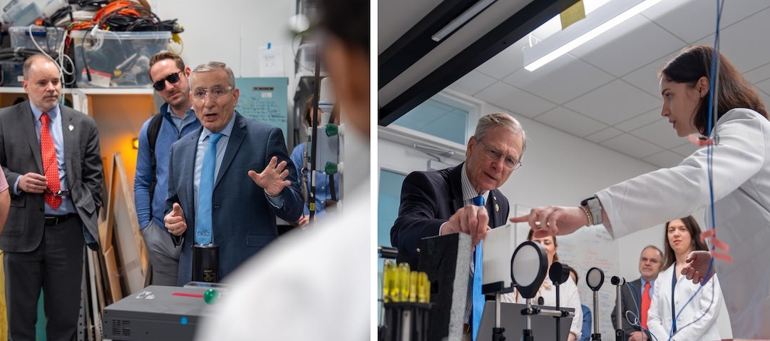 two photos of the congressional delegation during lab visit