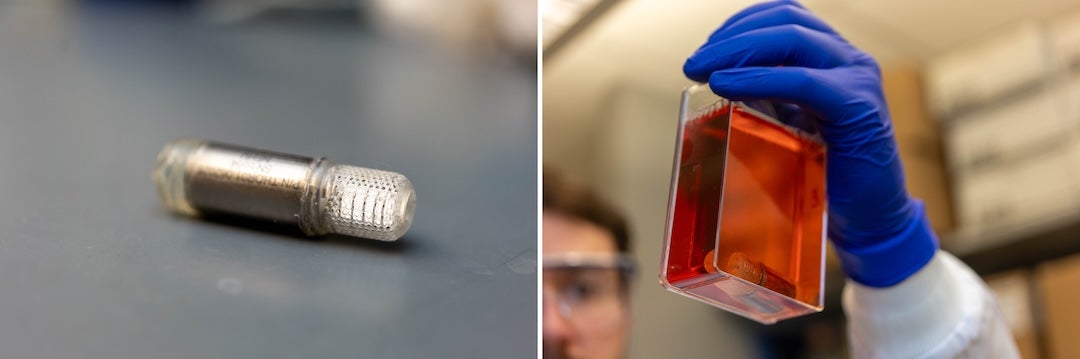 collage of tho photos: on the left, a photo of the prototype device on a table and on the right, a photo of the prototype device inside a vat filled with orange liquid