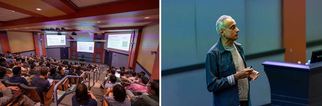 2-photo collage: on the left an auditorium with the crowd facing toward the speaker and on the right, a man speaking and gesticulating 