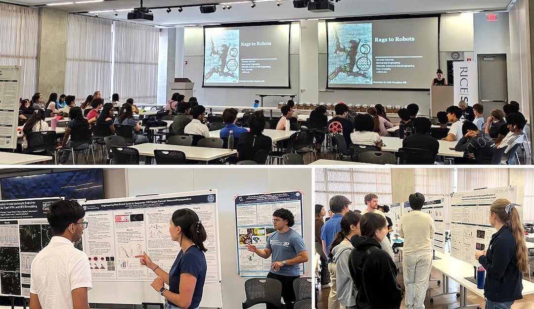 collage of three photos showing students listening to a lecture and attending a poster session
