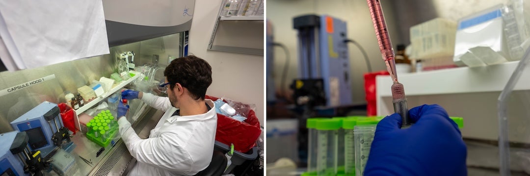 a collage of two photos of a man performing pipetting tasks in the laboratory