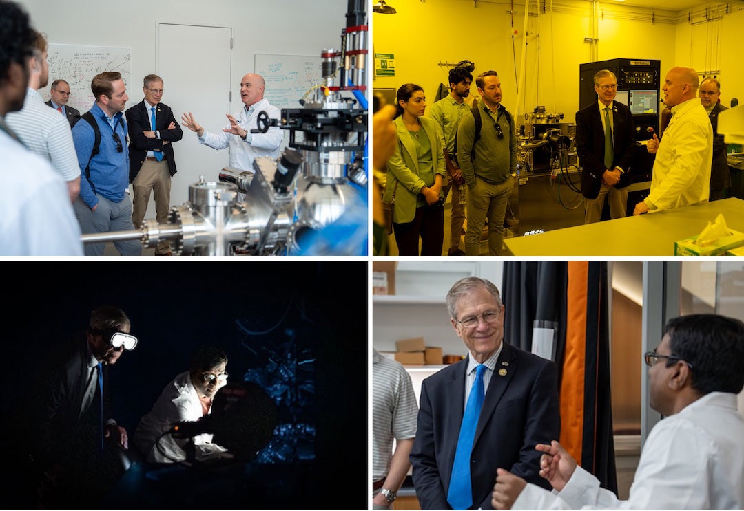 four photos of Congressman and staff visiting research labs