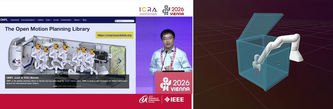 photos from keynote workshop, with screen display and speaker on the left and a screenshot of a robotic arm display on the right