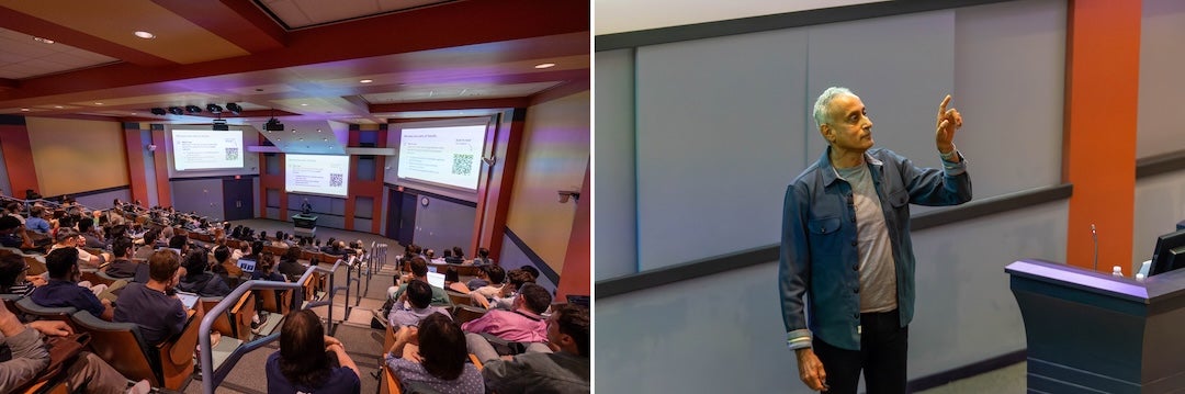 2-photo collage: on the left an auditorium with the crowd facing toward the speaker and on the right, a man speaking and gesticulating 