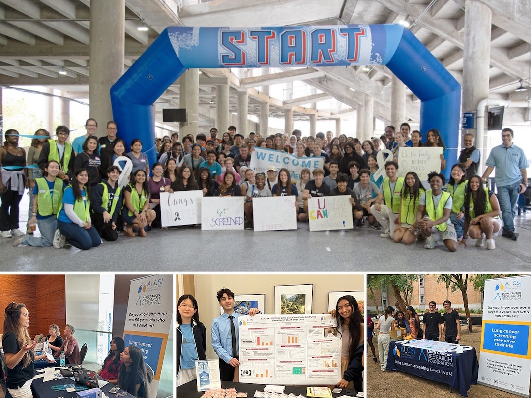 photo collage portraying different lung cancer awareness raising activities, including a walk, poster presentation, booth etc.