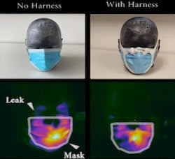 An animated GIF shows air leakage from a standard surgical mask at left and from one with the Rice-designed harness at right, as revealed by infrared images. 