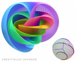 Rice University mathematician Jo Nelson, the winner of a National Science Foundation CAREER Award, uses this visualization of the Hopf fibration to realize higher dimensional manifolds. This illustration shows how the 3D sphere can be parametrized by a collection of circles over a 2D sphere. These circles are also examples of trajectories of a Reeb vector field on a contact manifold. (Credit: Niles Johnson)