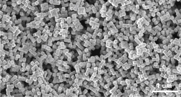 An electron microscope images shows copper nanocubes used by Rice University engineers to catalyze the transformation of carbon monoxide into acetic acid. Courtesy of the Wang Group/Senftle Group