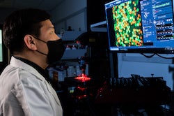 Rice University postdoctoral researcher Seokju Seo views fluorescent microdroplets containing competing bacterial strains in an experiment to learn how they evolve resistance to antibiotic drugs. (Credit: Jeff Fitlow/Rice University)