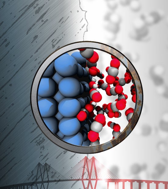 Iron (blue) can react with trace amounts of water to produce corrosive chemicals despite being bathed in “inert” supercritical fluids of carbon dioxide. Atomistic simulations carried out at Rice University show how this reaction happens. Illustration by Evgeni Penev