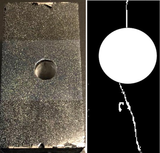 Small cracks in a stressed, painted cement block are barely visible under ambient lighting (left panel) but show up clearly in the near-infrared image at right. Rice University scientists discovered silicon crystals in Portland cement emit fluorescent, infrared light that can reveal early damage in concrete that might otherwise be overlooked. (Credit: Weisman Research Group/Nagarajaiah Group/Rice University)