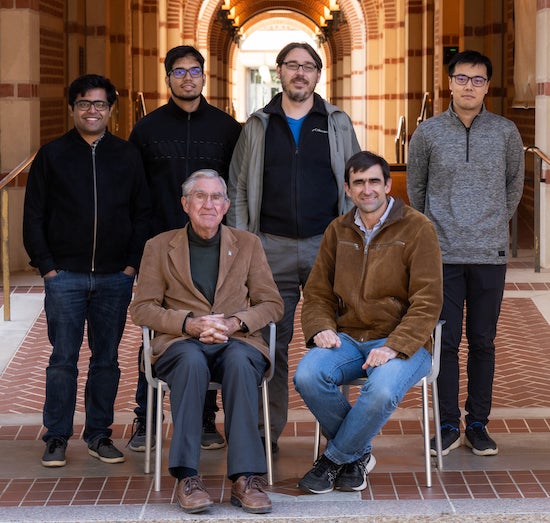 A team of physicists at Rice University has learned to manipulate electrons in gigantic Rydberg atoms with such precision they can create “synthetic dimensions.” From left, back row: Soumya Kanungo, Sohail Dasgupta, Kaden Hazzard and Yi Lu, and front, Barry Dunning and Tom Killian. Photo by Jeff Fitlow