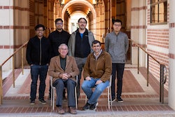 A team of physicists at Rice University has learned to manipulate electrons in gigantic Rydberg atoms with such precision they can create “synthetic dimensions.” From left, back row: Soumya Kanungo, Sohail Dasgupta, Kaden Hazzard and Yi Lu, and front, Barry Dunning and Tom Killian. (Credit: Jeff Fitlow/Rice University)