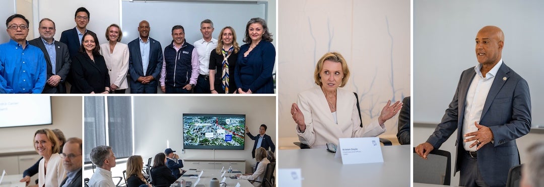 collage of photos of a group of people in a conference room