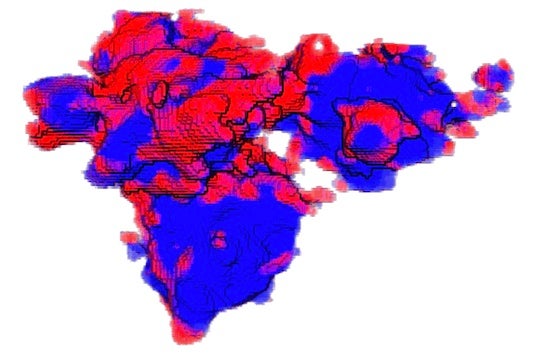 A study by Rice University materials scientists suggests that lithium batteries would benefit from more porous secondary (agglomerated) particles with better-aligned crystallites that don’t limit lithium distribution. The scientists studied 3D transmission X-ray images of cycled battery electrodes to analyze the phase change between lithium iron phosphate (blue) and iron phosphate (red) on the surface of particle agglomerates that make up the electrodes. (Credit: Mesoscale Materials Science Group/Rice University)