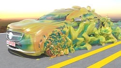 Engineers at Rice and Waseda universities have produced a fluid dynamics simulation of airflow around a moving car and its rotating tires, illustrating details of their complex aerodynamics. (Credit: Takashi Kuraishi/Rice University)