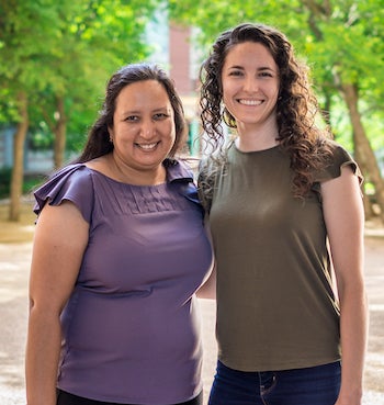 Rice University Professor Sibani Lisa Biswal, left, and graduate student Dana Lobmeyer co-authored a study that describes how interfacial shear influences grain boundary movements through colloidal crystals. Photo by Quan Nguyen