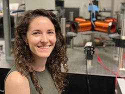 Rice University graduate student Dana Lobmeyer at the custom rig she used to create macro-scale models of shear-induced grain boundary movement and formation. (Credit: Rice University)