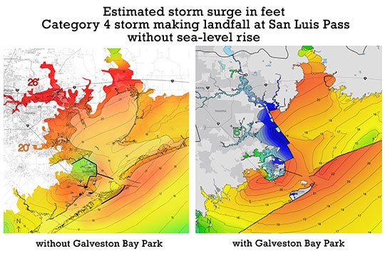 maps showing predicted flooding from a Category 4 hurricane with and without Galveston Bay Park 