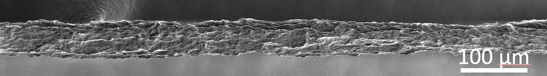 A robust fiber of boron nitride nanotubes as seen under a scanning electron microscope. The heat-tolerant fibers developed at Rice University could be useful for aerospace and electronics applications and as energy-efficient materials. (Credit: Pasquali Research Group