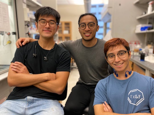 From left, graduate students Kang-Jie (Harry) Bian and Shih-Chieh Kao and undergraduate student David Nemoto Jr. are the lab team at Rice University that developed a method to add two functions to a single alkene molecule in a single process. The discovery could simplify drug and materials design. 