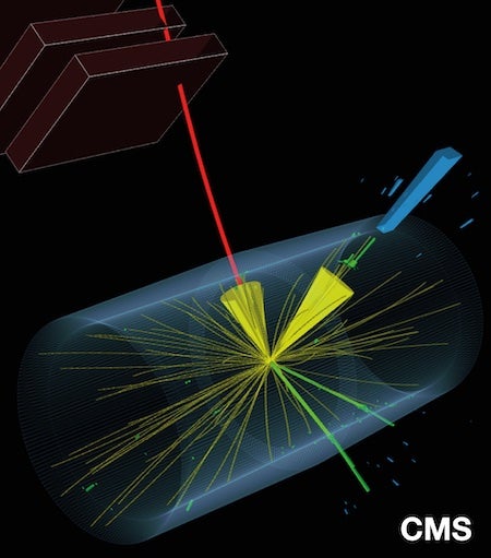 A CERN illustration shows Higgs candidate events captured by the Compact Muon Solenoid. The Rice team designs and builds electronics for the experiment that capture data about the events. Courtesy of CERN
