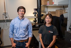Daniel Preston, an assistant professor of mechanical engineering at Rice University, and graduate student Faye Yap led a study to turn deceased spiders into necrobotic grippers. (Credit: Brandon Martin/Rice University)