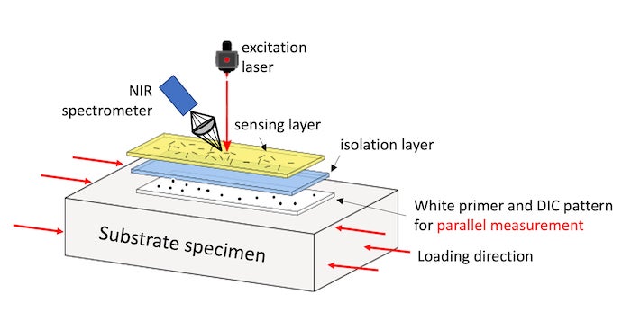 A three-layer smart skin on a structure can detect strain through the fluorescence of embedded carbon nanotubes, according to its inventors at Rice University. The skin can be painted or sprayed on buildings, bridges, aircraft and ships to provide a non-contact way to monitor the structural health of a structure. Courtesy of the Nagarajaiah and Weisman Research Groups