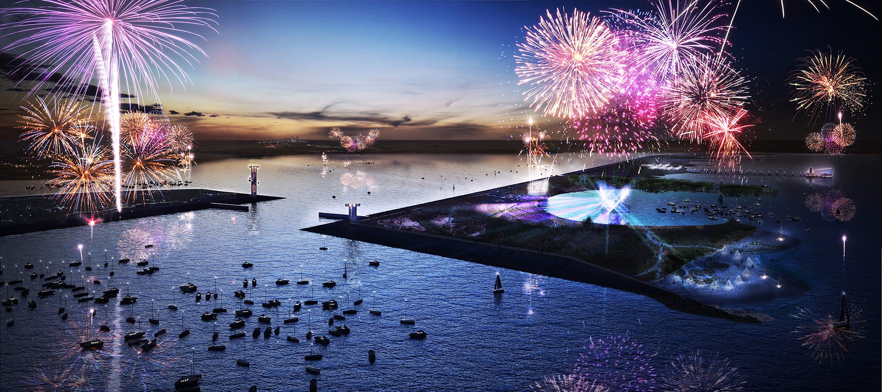 Artist's rendering of a nighttime celebration at Galveston Bay Park.