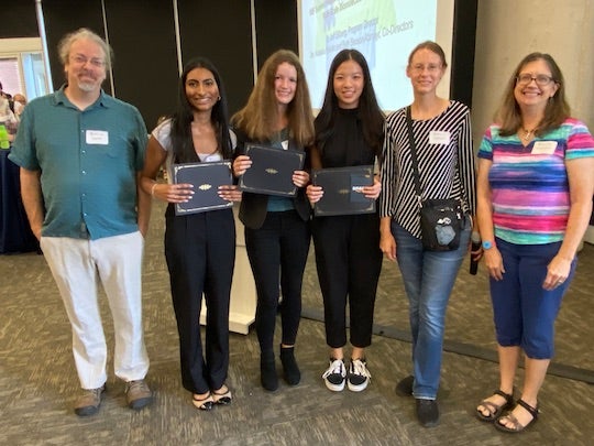 From left, Joff Silberg of Rice, Lien Pham of San Jacinto College, Sonal Alla of St. Stephen’s Episcopal School and Maddie Sams of George Ranch High School, and Natasha Kirienko and Beth Beason-Abmayr of Rice.
