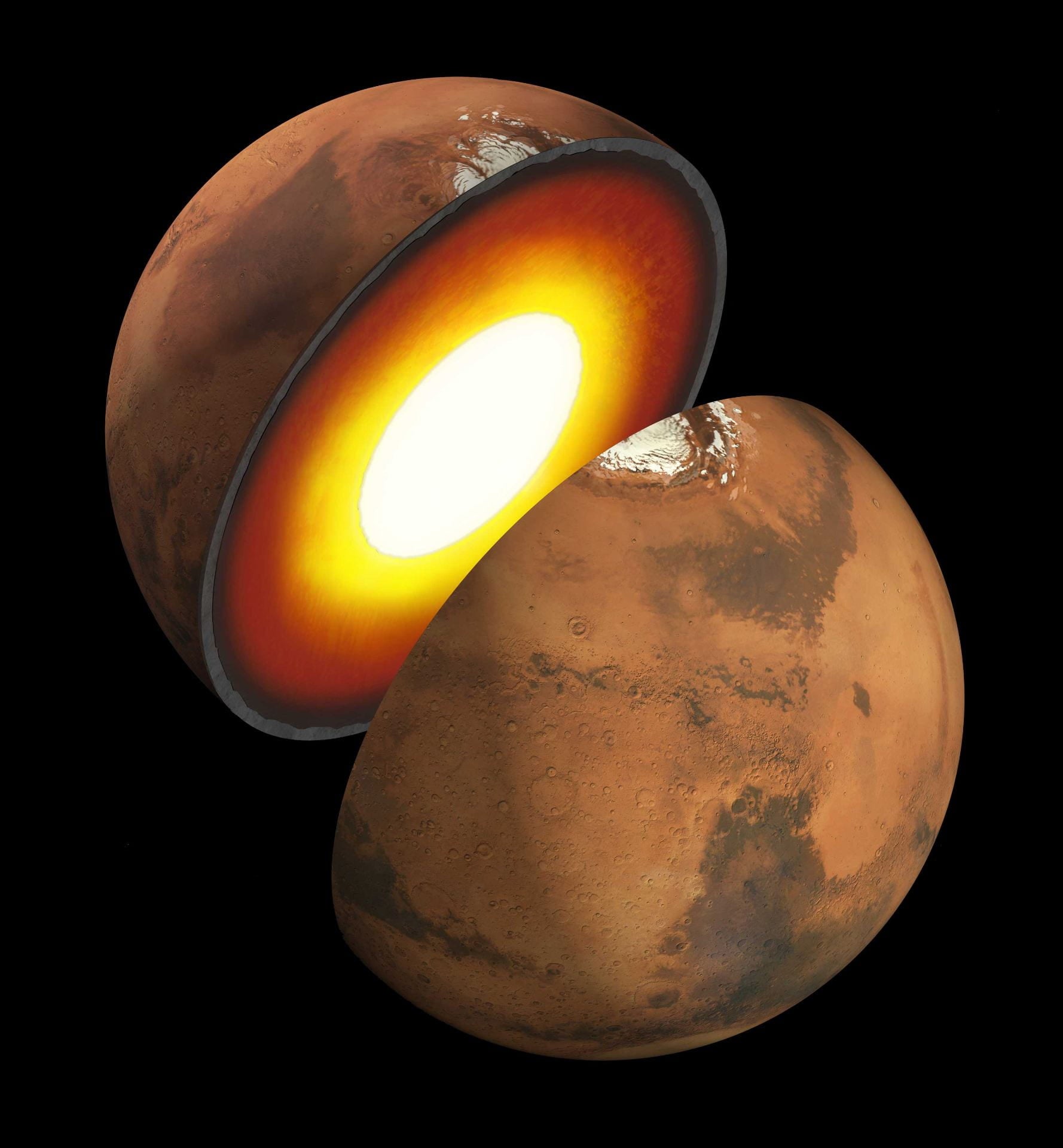 An artist's impression of Mars' inner structure. The topmost layer is the crust, and beneath it is the mantle, which rests on a solid inner core. (Image courtesy of NASA/JPL-Caltech)