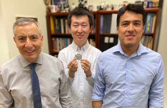 Rice University scientists have discovered that brushing powdered phosphorus and sulfur into lithium anodes helps keep them from forming damaging dendrites in rechargeable batteries. From left: James Tour, Weiyin Chen and Rodrigo Salvatierra. 