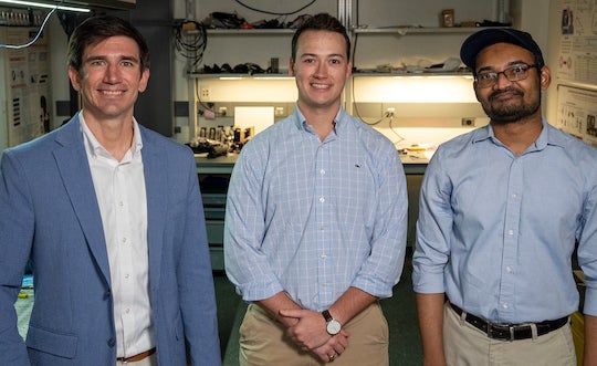 Rice University engineers design fluidic logic into garments to help people with functional limitations perform tasks without electronic assistance. From left, study authors Daniel Preston, Barclay Jumet and Anoop Rajappan. Photo by Brandon Martin