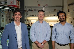 Rice University engineers design fluidic logic into garments to help people with functional limitations perform tasks without electronic assistance. From left, study authors Daniel Preston, Barclay Jumet and Anoop Rajappan. (Credit: Brandon Martin/Rice University)