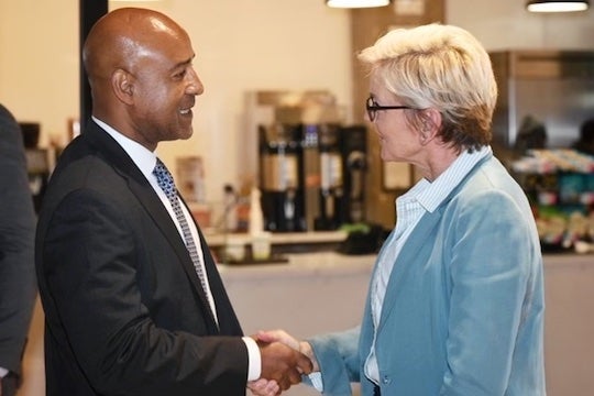 Rice President Reginald DesRoches greets Secretary of Energy Jennifer Granholm at the Ion on Sept. 8. Photo by Jeff Fitlow
