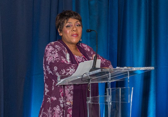 Leila Freeman speaks from a podium at Rice's First Black Student-Athletes Celebration at the Ion.