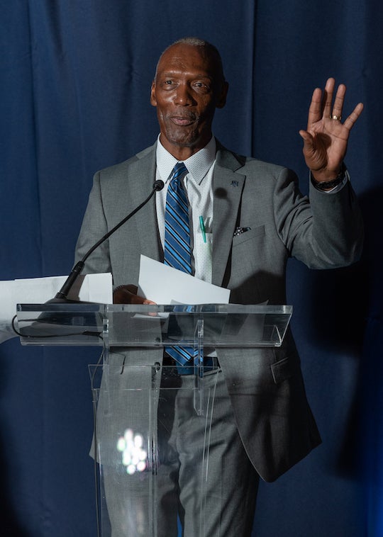 Stahlé Vincent speaks from a podium at Rice's First Black Student-Athletes Celebration at the Ion.