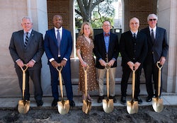 Breaking ground, from left: Houston City Council member and Rice alumnus David Robinson, President Reginald DesRoches, Angela Caughlin, her husband Will Cannady, architecture dean Igor Marjanović and Board of Trustees Chairman Robert Ladd. (Credit: Jeff Fitlow/Rice University)