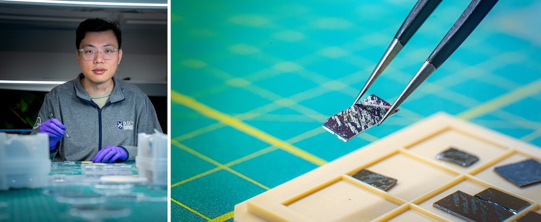 two-photo collage of researcher (left photo) and closeup of sample (right photo)