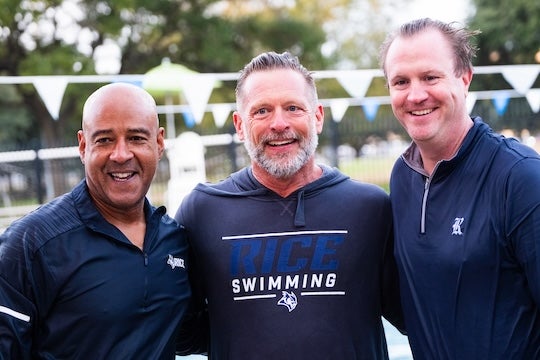 Rice University President Reginald DesRoches and Tommy McClelland, vice president and director of athletics, joined head swimming coach Seth Huston in announcing to the Owl swimmers that Rice will reinstate women’s diving as a varsity program for the 2024-25 season.