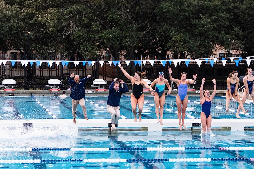 Rice University President Reginald DesRoches and Tommy McClelland, vice president and director of athletics, joined head swimming coach Seth Huston in announcing to the Owl swimmers that Rice will reinstate women’s diving as a varsity program for the 2024-25 season.