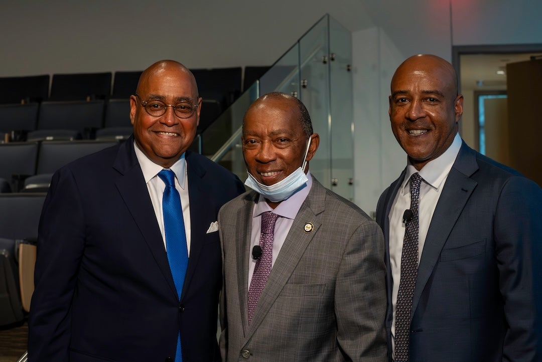 Rodney Ellis, Reginald DesRoches and Sylvester Turner pose for a photo during a TEDx Talk session at Rice University March 8.